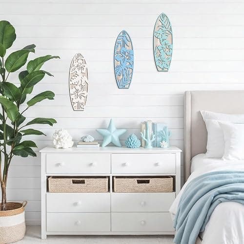 VGICH Hibiscus Surfboard Wall Decor - 3 Piece Wooden Beach Wall Art for Bedroom, Tropical Decor for Living Room(Blue) thumbnail 2