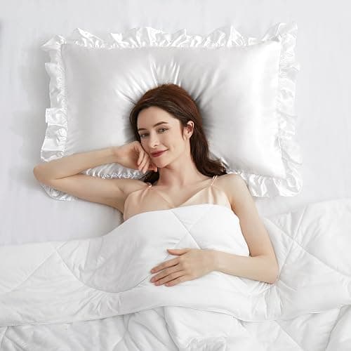 HommxJF Silky Satin Ruffled Pillow Cases for Hair and Skin,White Silk Pillowcases Queen Set of 2 with Envelope Closure Princess Room Decoration thumbnail 7