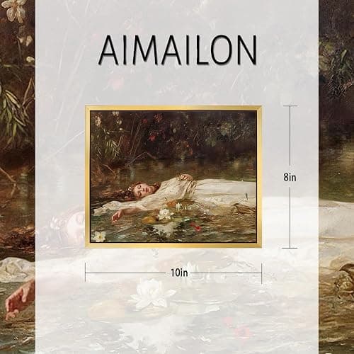AIMAILON Vintage Gold Canvas Wall Art Framed Decor for Study Room Bedroom Classical Relaxing Young Lady Picture Victorian Summer Pond Lotus Background Artwork Desktop Home Decoration 8x10 thumbnail 2