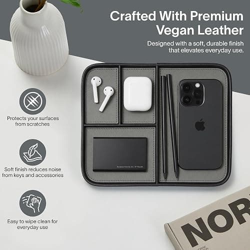 Nordik Leather Valet Tray - Pebble Black - 24x20 cm Medium Vegan Leather Tray for Entryway - Stylish Nightstand Organizer for Men - Modern Bedside Caddy - EDC Catchall for Keys Phone Wallet Jewellery thumbnail 4