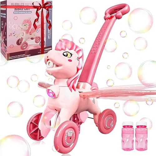 Pink Bubble Machine Blower Maker Lawn Mower Walking Toy Christmas Basket Stuffers Outdoor Summer Girls Kids Toddler 1st Birthday Best Gift for 1 2 3 Year Old Unique Cute Valentines Day Unicorn Gifts - Image 1