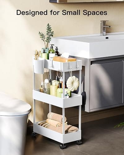 Pipishell Slim Storage Cart with Wheels, Bathroom Cart Organizer Storage Small, Rolling Carts for Bathroom, Laundry Room, Kitchen, Narrow Space, White PIUC04W thumbnail 3