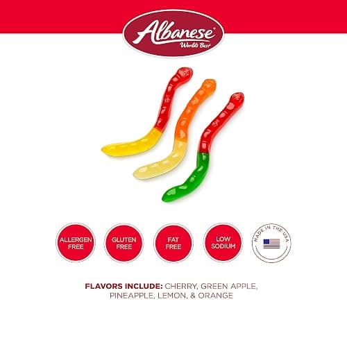 Albanese Candy, Large Assorted Fruit Gummi Worms, 5-pound Bag | Soft and Chewy Gummies, Gluten Free, Fat Free | Natural Flavors & Colors | Perfect for Birthday Parties and the Classroom thumbnail 4