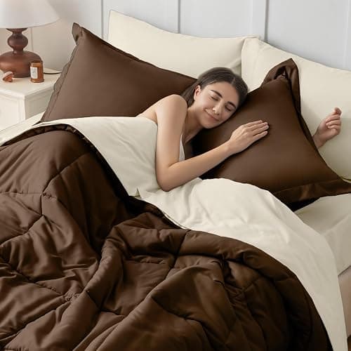 JOLLYVOGUE Queen Comforter Set, Ultra-Soft Bed in a Bag Queen Size 7 Pieces, Oeko-TEX Certified Bedding Set with Down Alternative Comforter, Sheets, Pillowcases & Shams, Brown & Beige thumbnail 6