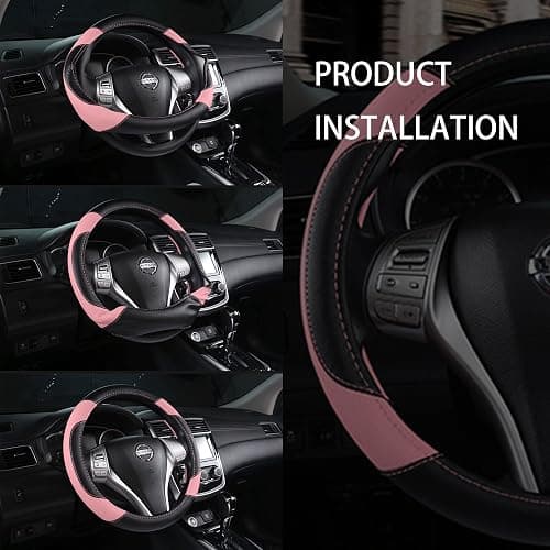 Leather Car Steering Wheel Cover, Non-Slip Car Wheel Cover Protector Breathable Microfiber Leather Universal Fit for Most Cars(Pink) thumbnail 7