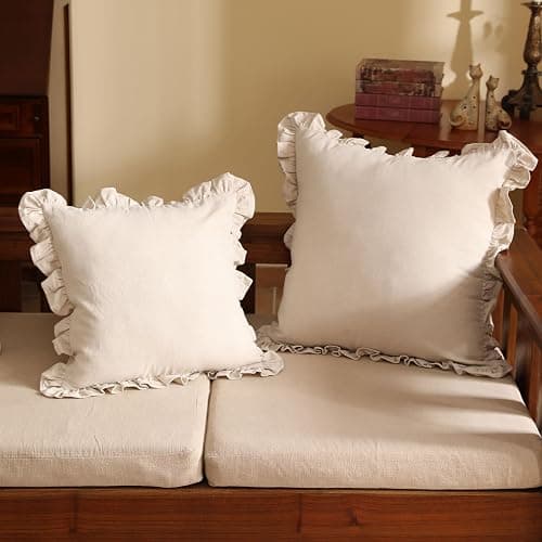 patdrea Shabby Chic Linen Decorative Throw Pillow Covers 18"x18" Set of 2, Farmhouse Linen Pillow Covers with Ruffles, Square Sturdy Throw Pillow Case for Couch Sofa Bed Living Room thumbnail 2