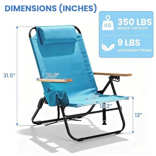 Canpsky 2 Pack Premium 5-Position Reclining Camping Chair - Portable Folding Lightweight Outdoor Chair with Wooden Armrests, Headrest & Pockets, 350lbs Heavy Duty for Beach, Patio, Backyard, Blue thumbnail 3