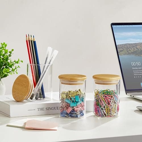 INIUNIK 3 Pack Qtip Holder Dispenser - Glass Apothecary Jars with Lids, Cotton Ball Pad Swab Round Holder, Bamboo Bathroom Accessories, Bathroom Organizers Containers Jars Canisters with Lids thumbnail 6