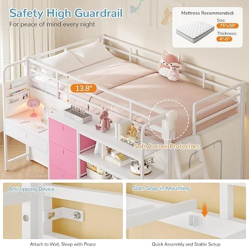 Low Loft Bed Twin Size with Desk, 6 Storage Drawers & Bookshelf, Kids Loft Bed with LED Lights & Under-Bed Play Space, Heavy Duty Metal Bed Frame with 13.8"H Safety Guardrail & Ladder, White and Pink thumbnail 6