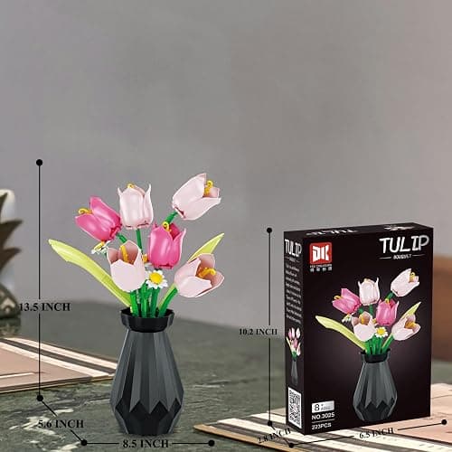 RIESEK Artificial Flower Bouquet Building Set for Adult,Mini Plant Bonsai Tree Friend Set,Botanical Collection Gift for Kid,Tulip Building Blocks with Vase,Birthday Gift for Girl Mom Women Wife thumbnail 3