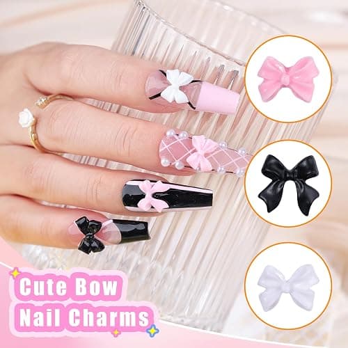 Charms Kit for Nails, 400Pcs Bow and Flatback Pearls Set, 3D Acrylic Rhinestones for Nails Art Design, Pink Black White Bowknot Gems for DIY Crafts, Manicure Decoration Supplies thumbnail 7