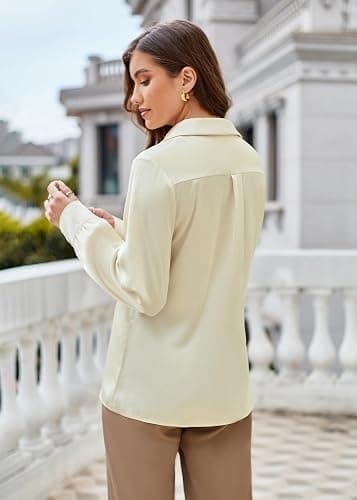 GRACE KARIN Women's Satin Silk Blouse Lapel V Neck Long Sleeve Casual Work Blouse Shirts Pullover Tops - Apricot - XX-Large thumbnail 4