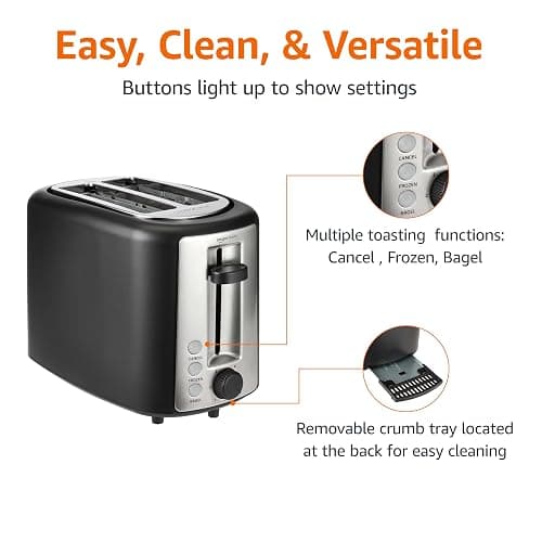 Amazon Basics 2 Slice Toaster, With 6 Browning Settings, Extra Wide Slots For Bagels and Special Breads, Removable Easy-to-Clean Crumb Tray, Cancel/Defrost/Bagel Buttons, 900W, Black & Silver thumbnail 5