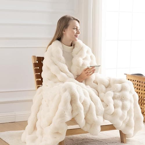 IKALIFE Cozy Faux Fur Throw Blanket for Couch-Warm Fuzzy Throw Blanket, Soft Plush Thick Bubble Blankets for Bedroom and Living Room, Furry Luxury Blanket, 50 x 60, Cream thumbnail 3