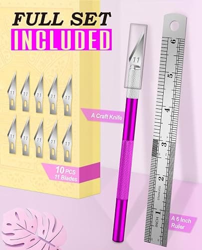 DIYSELF Craft Hobby Knife Set with 10 Extra #11 Blades, 6-Inch Metal Ruler | Exacto Knife for Crafting, Precision Cutting for Polymer Clay, Paper, Vinyl, Stencils & Models, Artists & Hobbyists, Purple thumbnail 2