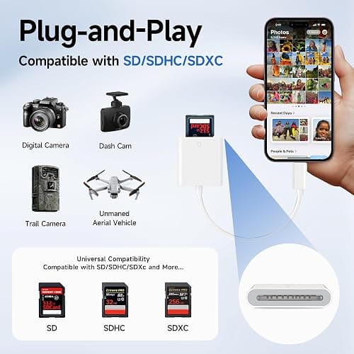 (Apple MFi Certified) Lightning to SD Card Camera Reader for iPhone,Trail Camera Viewer SD Memory Card Reader Adapter Compatible with iPhone 14/13/12/11/XS/XR/X/8/7/iPad,Plug and Play thumbnail 2