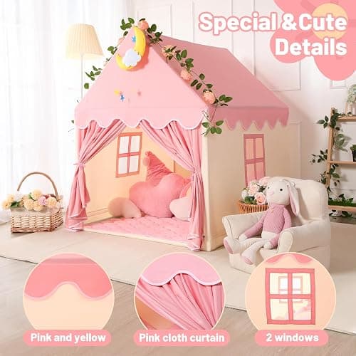 Wilwolfer Kid Tent with Lights - Kids Play Tents for Toddlers Kids Tents Indoor Playhouse - Princess Tent for Girls Toy House Gift - Pink & Yellow, 47x41x51 thumbnail 3