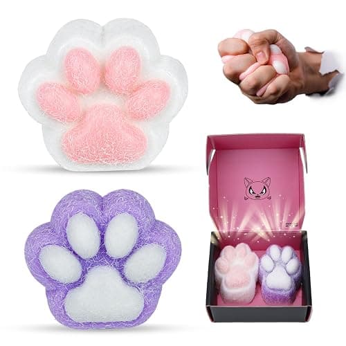Taba Squishy Paw Gift Box, Cat Paw Squeeze Toys, Cute Kawaii FuFu Squishies, Sticky Squishy Cat Paw Fur Ball, Kitty Paw Stress Relieving Fur Toys, YoYo Funny Fidget Toys for Gift, Kids-Purple&White - White&Purple with GiftPackage - Image 1
