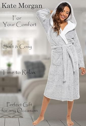KATE MORGAN Ladies Dressing Gown Fluffy Super Soft Hooded Bathrobe for Women Plush Fleece Perfect Loungewear Long Robe | Gifts for Women thumbnail 4