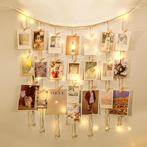 KLOGTSIND Hanging Photo Display, Macrame Wall Decor with Lights, 50 Clips | Boho Wood Beads Banner, Picture Christmas Card Holder with String Lights for Room Dorm Nursery Decor, Teenage Teen Girl Gifts - Image 1
