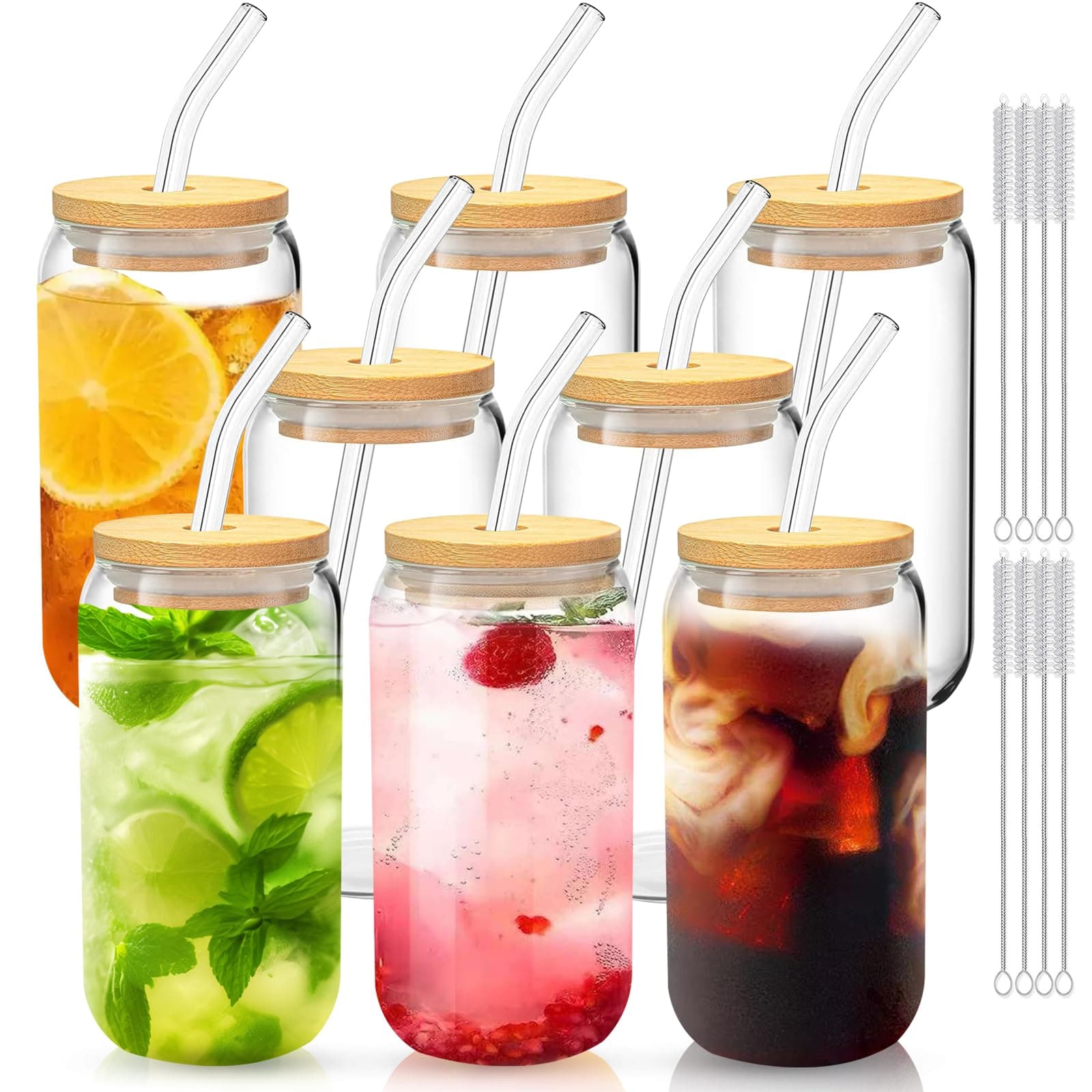 DAMCONME Drinking Glasses with Bamboo Lids and Glass Straws 8Pack,16 Oz Glass Cups for Iced Coffee,Cocktail,Whiskey,Soda,Matcha,Ideal for Coffee Bar Accessories, Aesthetic Gift-8 Glass Straw 8 Brush - Image 1