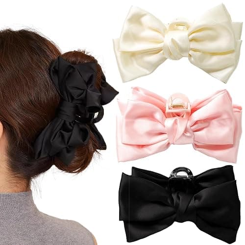 3 PCS Large Bow Hair Claw Clips Satin Bow Claw Clip for Women Girl with Long Thick Hair 5.9 inch Elegant Hair Ribbon Design for all types Big (Black+White+Pink) - Image 1
