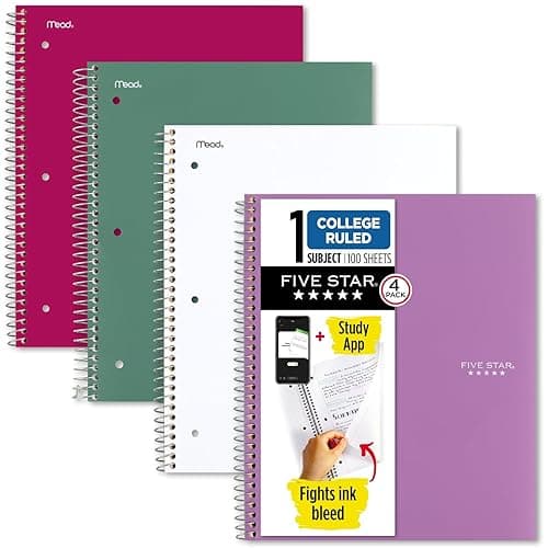 Five Star Spiral Notebooks + Study App, 4 Pack, 1 Subject, College Ruled Paper, 8-1/2" x 11", 100 Sheets, Purple, Pink, White, Green (820337-ECM) - College Ruled - Image 1