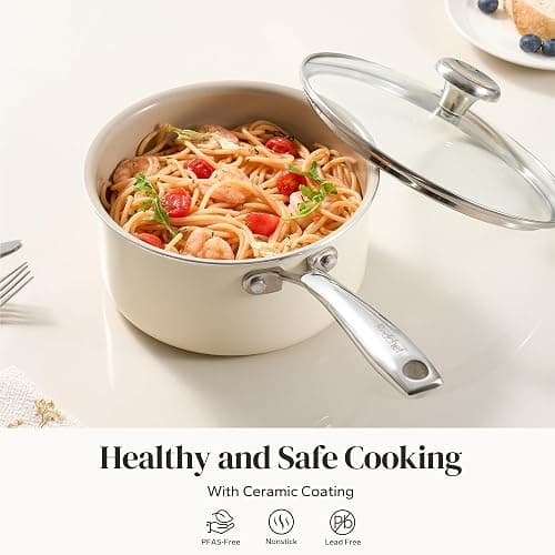 Redchef Ceramic Sauce Pan with Lid, 2.5QT Small Saucepan, Nonstick Cooking Pot with Stay-Cool Handle, Kitchen Non Toxic Soup Pot, PTFE & PFOA Free, Oven Dishwasher Safe, Compatible All Stovetops-Beige thumbnail 4