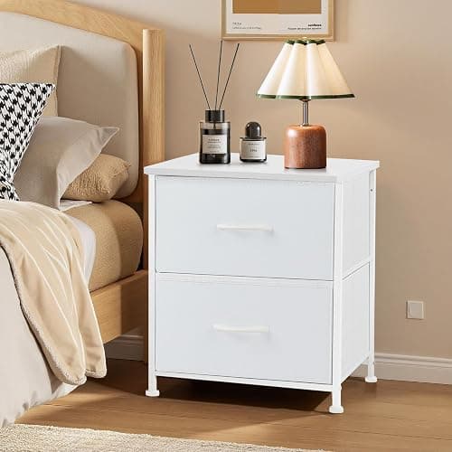 Nightstand, Small 2 Drawer Dresser End Table Bedside Furniture, Wooden Top Fabric Bins for Bedroom, Closet, Entryway, Dorm, 11.8" D x 18" W x 20", White thumbnail 2
