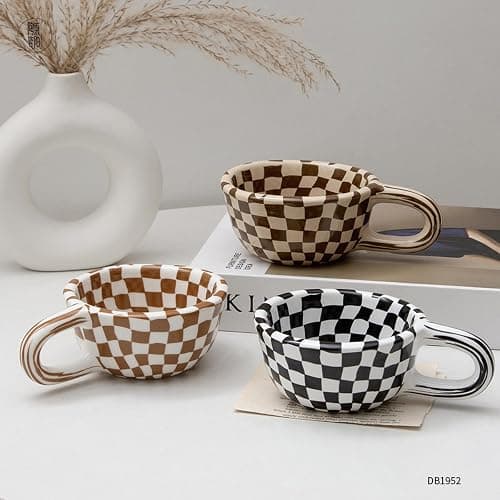 Miaexaugsh Irregular checkerboard coffee mug gift ceramic mug,Pottery,Tea Cup for Office and Home (Brown) thumbnail 4