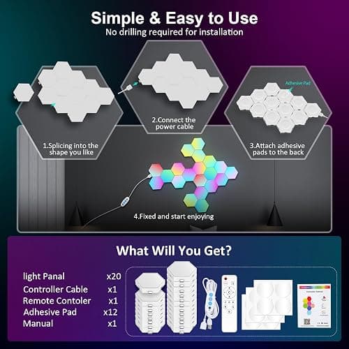 OJQ 20 Pack Hexagon Lights Wall RGB Panel - Hexagonal Led Lights Room Decor Wall Lights Birthday Decorations Gaming Equipment Honeycomb Shape Panels Hexagon Gaming Lights for Bedroom Children thumbnail 7