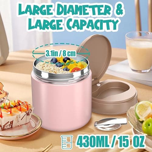 Insulated Food Jar for Kids - 15.2 Oz, Thermo for Hot Food, Soup Thermo, Insulated Food Container, Termos Para Comida Caliente, Width Mouth Stainless Steel Lunch Box with Spoon, Pink thumbnail 3