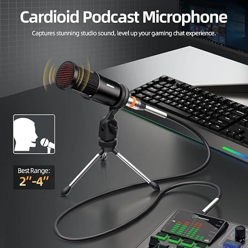 Podcast Equipment Bundle, PUPGSIS Audio Mixer with XLR Dynamic Microphone, Pro-preamp, Bluetooth 5.3, All-in-One Gaming Equipment Set for Podcast Recording, Live Streaming, Video Vocals, PC, Phone, DJ - Black thumbnail 6