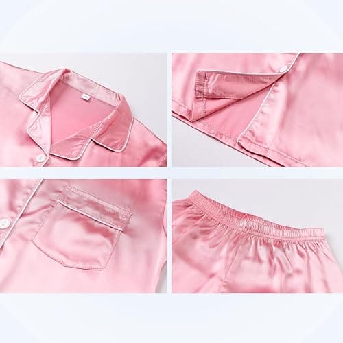 LANKMEI Girls Pajamas 2 Piece Silky Satin Pajamas Set Short Sleeve Top and Shorts, Soft and Cozy Sleepwear for Kids thumbnail 6