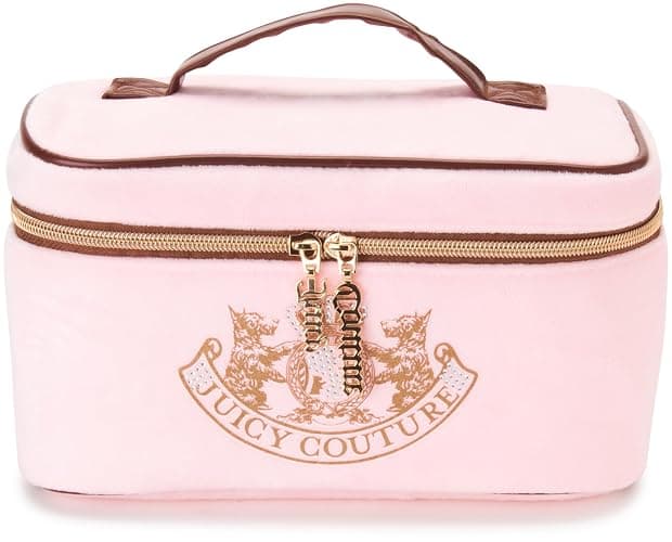 Juicy Couture Pink Makeup Bag Cosmetics Organizer Travel Essentials Train Case Gold Terroir Dog Rhinestone Crown Velour - Image 1