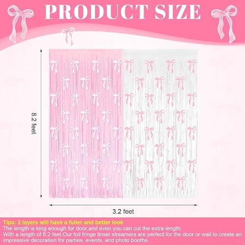 4 Pack Pink Bow Party Backdrop Decoration Pink Bow Foil Fringe Curtains for Girls Bow Birthday Baby Shower Decorations Bridal Shower Bachelorette Party Decor Supplies 3.2ft X 8.2ft thumbnail 3