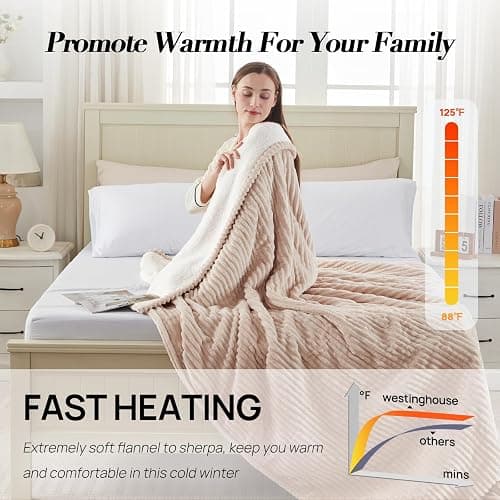 Westinghouse Queen Size Electric Blanket, Flannel to Sherpa Reversible, Heated Blanket Queen with Dual Control 10 Heating Settings & 1-12 Hours Auto Shut Off, Machine Washable, (84" x 90", Beige) thumbnail 6