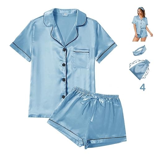 WJing Yi Jia 4Pcs Womens Satin Silky Pajama Sets Short Sleeve Shirt XS-4XL Floral Pajamas Set Soft PJ Loungewear Sleepwear thumbnail 5