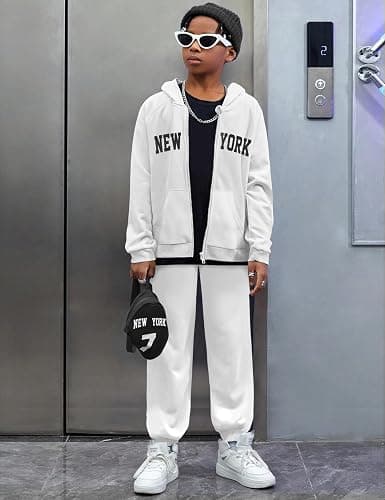 KANGKANG Unisex Boys Girls Clothes Letter Full Zip Fleece Hooded Sweatshirt Jogging Sweatpants Sweatsuit Kids Fashion Outfits thumbnail 2