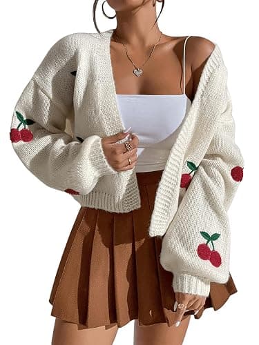 GORGLITTER Women's Cherry Cropped Cardigan Sweaters Open Front Long Sleeve Cute Chunky Knit Short Cardigan Trendy thumbnail 3