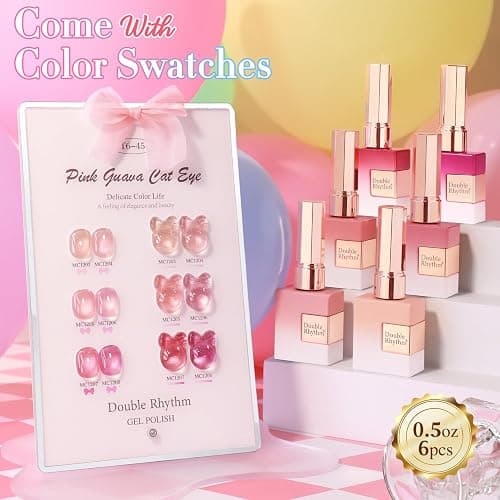 Double Rhythm Cat Eye Gel Nail Polish Set of 6 Same Color Same Bottle 0.5 Oz Shimmer Glitter with Magnet Holographic Reflective Magnetic UV Nail Polish Kit at Home (Glass Nude Pink Rose-T6-45) thumbnail 2