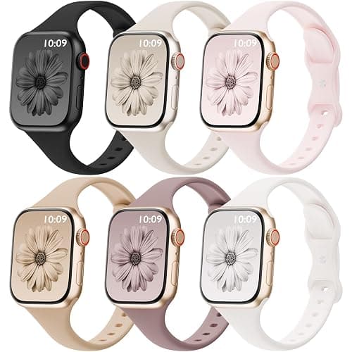 6 Pack Thin Bands Compatible with Apple Watch Band 38mm 40mm 41mm 42mm 44mm 45mm 46mm 49mm Women Men, Sport Silicone Strap Slim Wristband for iWatch Series 11 10 9 8 SE 7 6 5 4 3 2 1 Ultra - Image 1