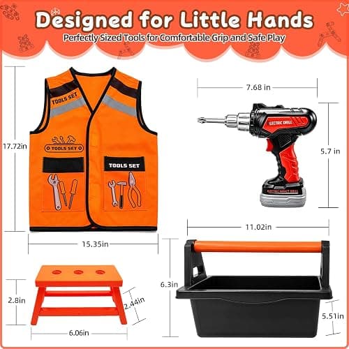 49 PCS Kids Tool Set with Realistic Toy Electric Drill & Storage Box, Construction Worker Dress Up Pretend Play Kit with Washable Vest & Goggles, STEM Educational Builder Gift for Boys Ages 3-7 thumbnail 2