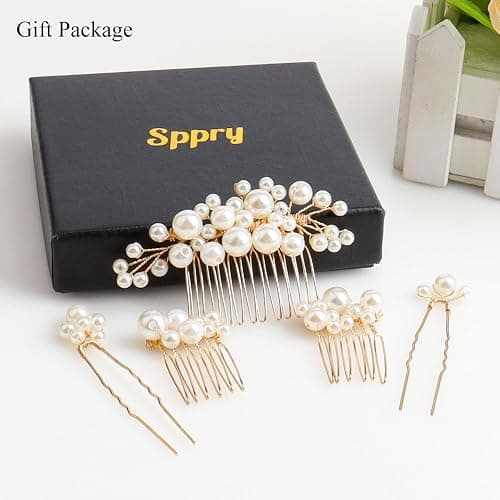 Sppry Pearl Hair Combs and Hair Pins for Bridal Women, Decorative Hair Accessories for Wedding Prom, Set of 5 (Gold) thumbnail 7