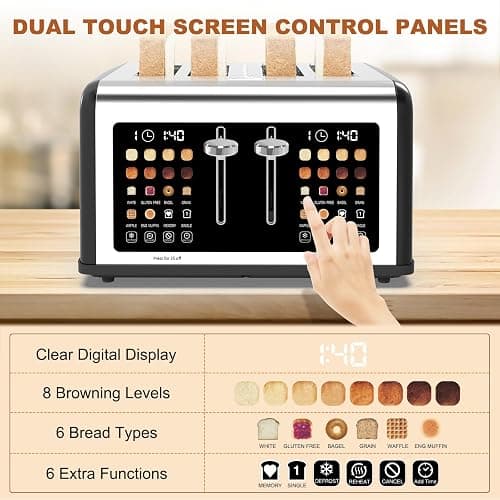 4 Slice Toaster Touch Screen, Stainless Steel Toasters Digital Timer, Dual Control Panel Toasters, 8 Shade Settings 6 Bread Types for Bagel, Cancel, Defrost 1650W Black thumbnail 5