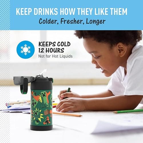 THERMOS FUNTAINER Water Bottle with Straw - 12 Ounce - Kids Stainless Steel Vacuum Insulated Water Bottle with Lid, Minecraft thumbnail 5
