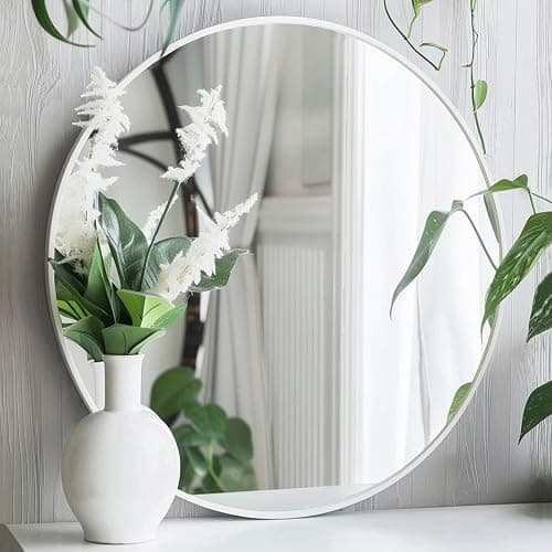 Sunniry White Round Mirror, 24 inch Circle Mirror, Matte White Metal Frame | High Definition Mirror, Waterproof, Sturdy, Circle Mirror for Bathroom, Bedroom, Entryway, Living Room, Wall Décor - Image 1