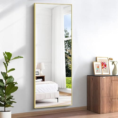BONEWEI Full Length Mirror, 179x65cm Floor Mirrors, Rectangular Standing Mirror Gold Aluminum Frame, Large Full Body Mirrors Standing Hanging or Leaning Against Wall for Livingroom Dressingroom thumbnail 4