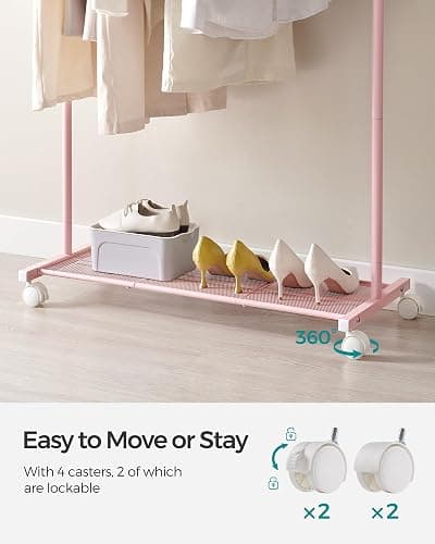 SONGMICS Clothes Rack with Wheels, Clothing Rack for Hanging Clothes, 25.4mm Metal Garment Rack with Dense Mesh Storage Shelf, 110 lb Load Capacity, 2 Brakes, Pink UHSR025P01 thumbnail 8