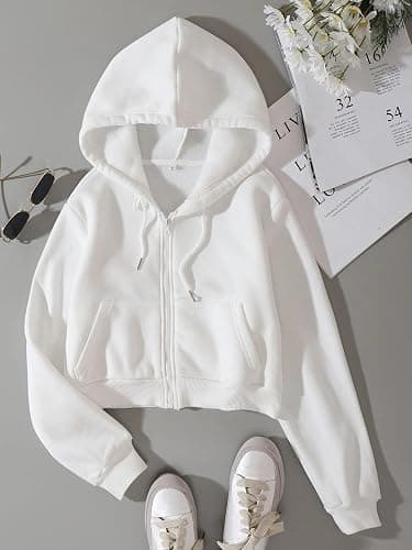 LOFAAC Women Fleece Full Zip Up Cropped Hoodie Sweatshirt 90s Long Sleeve Drawstring Hooded Crop Jacket Top with Pockets thumbnail 2